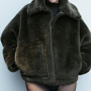 Zara Faux Fur Teddy Jacket Dark Green Khaki ZW Collection Size S Like New
